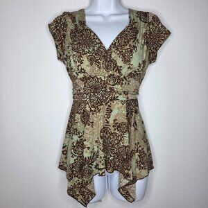 Vol 1 Womens Y2K Green Floral Babydoll Top Size L Tied Waterfall Fairy Grunge